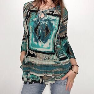 A gorgeous teal black and beige watercolor design blouse